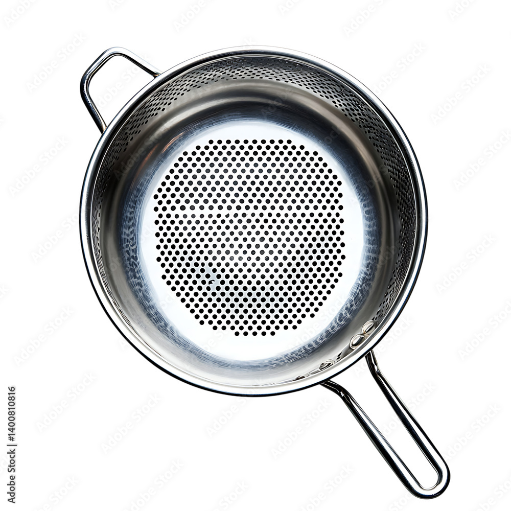 A kitchen strainer made of stainless steel featuring perforations and two side handles displayed on a transparent background in a clean high-resolution render