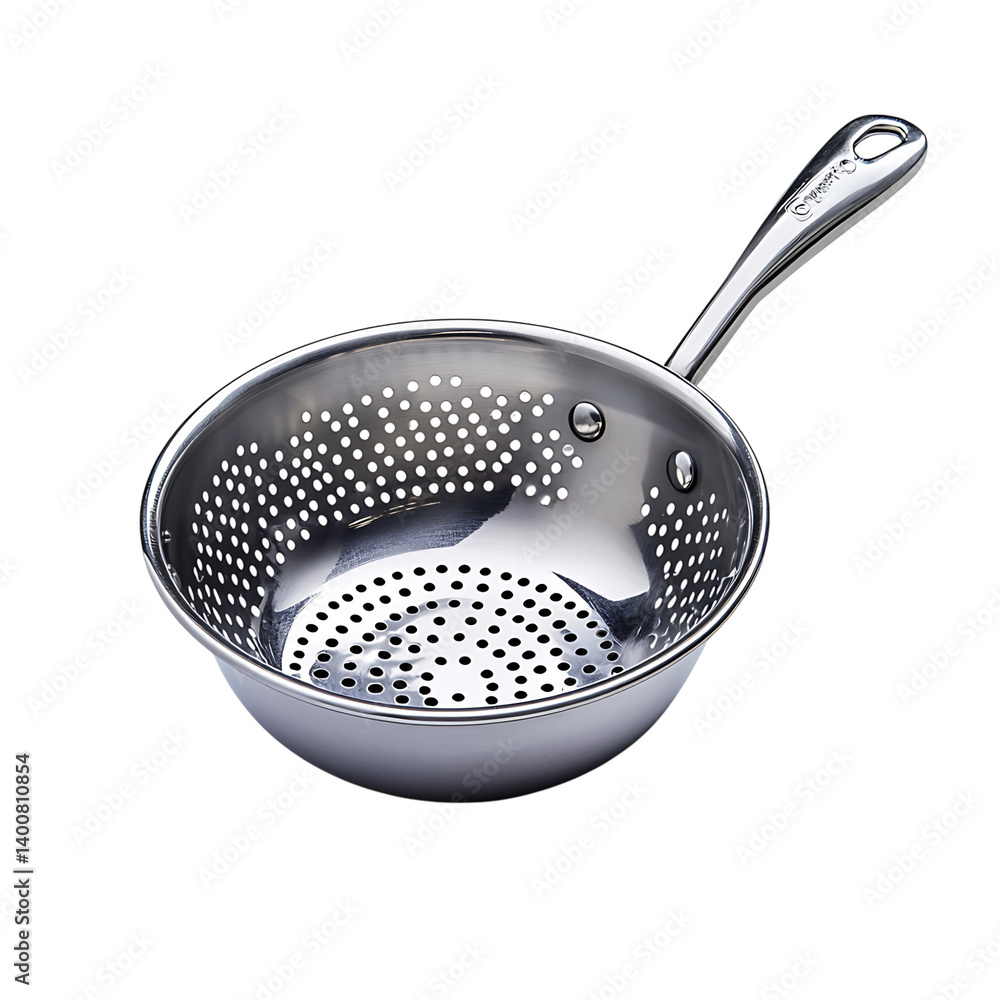 A kitchen strainer made of stainless steel featuring perforations and two side handles displayed on a transparent background in a clean high-resolution render