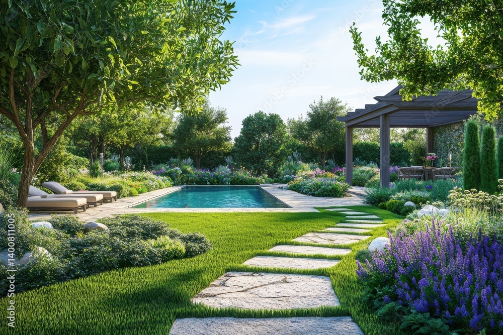Fototapeta premium A serene backyard oasis featuring a swimming pool lush greenery and a charming pergola area