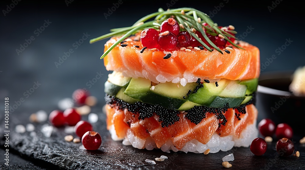 Sushi Tower with Salmon, Cucumber, and Avocado on Dark Background – Japanese Cuisine for Menu or Restaurant Use Sushi Tower with Salmon, Cucumber, and Avocado on Dark Background – Japanese Cuisine for Menu or Restaurant Use