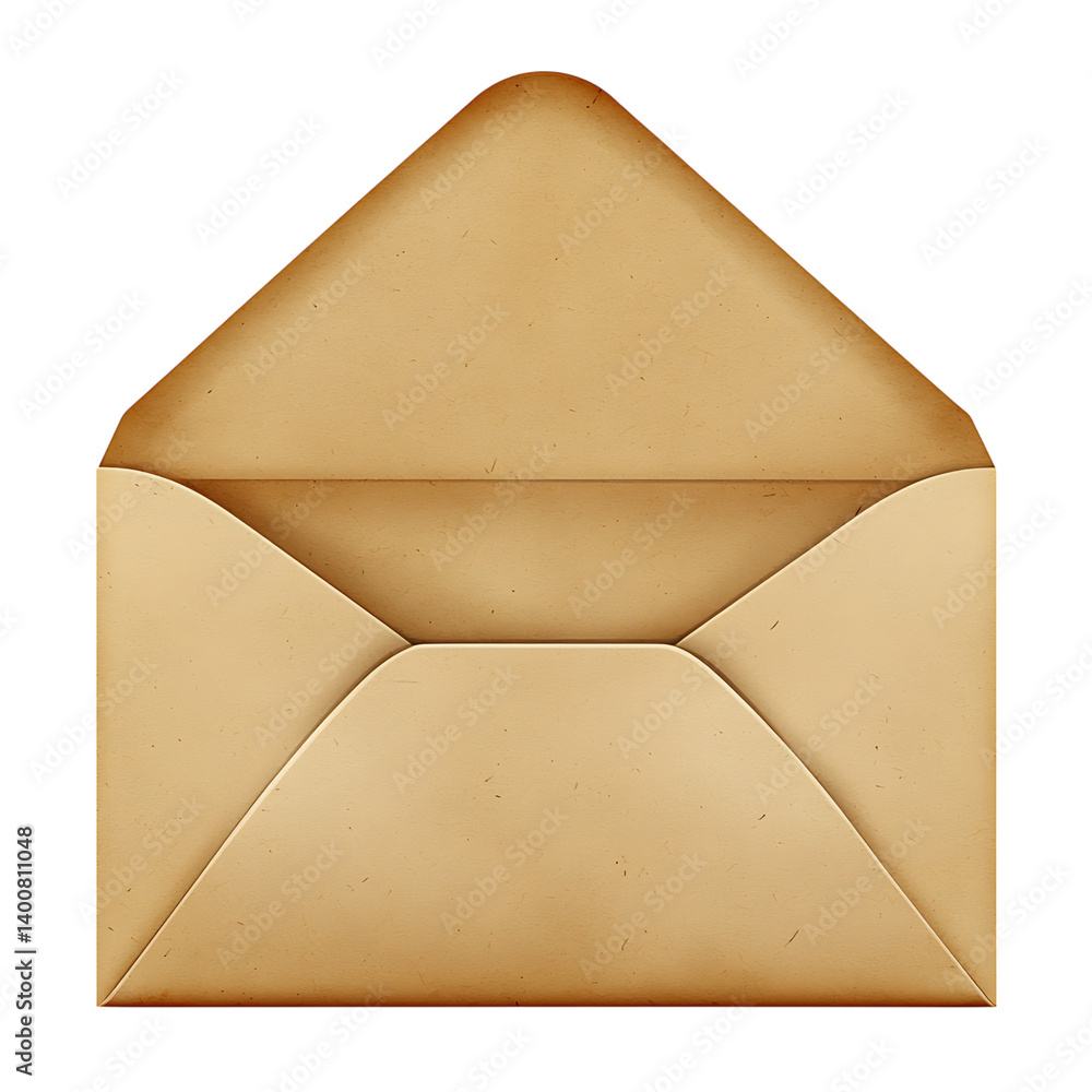 A realistic open kraft paper envelope with a visible triangular flap and aged paper texture on a transparent background representing classic mail packaging