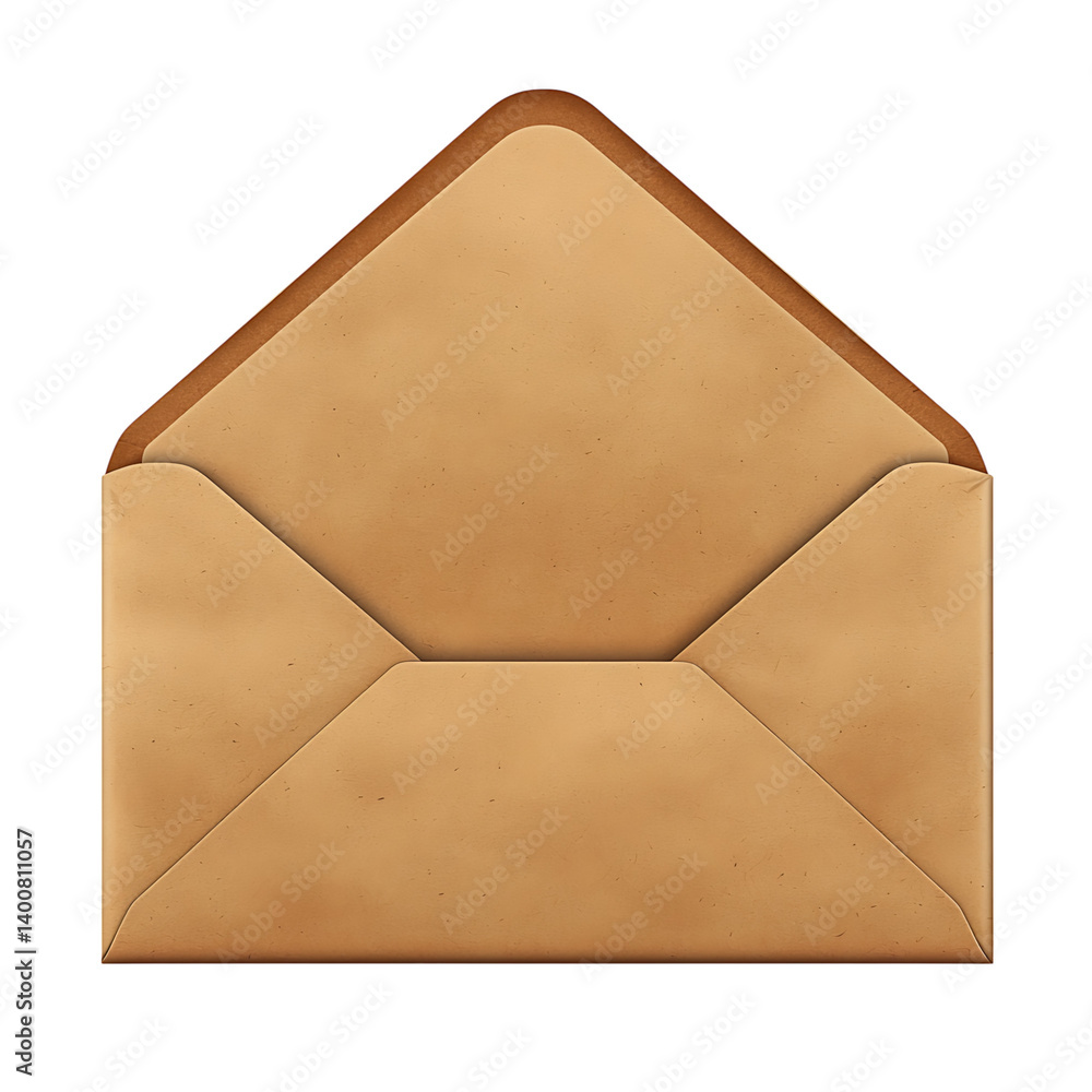 A realistic open kraft paper envelope with a visible triangular flap and aged paper texture on a transparent background representing classic mail packaging