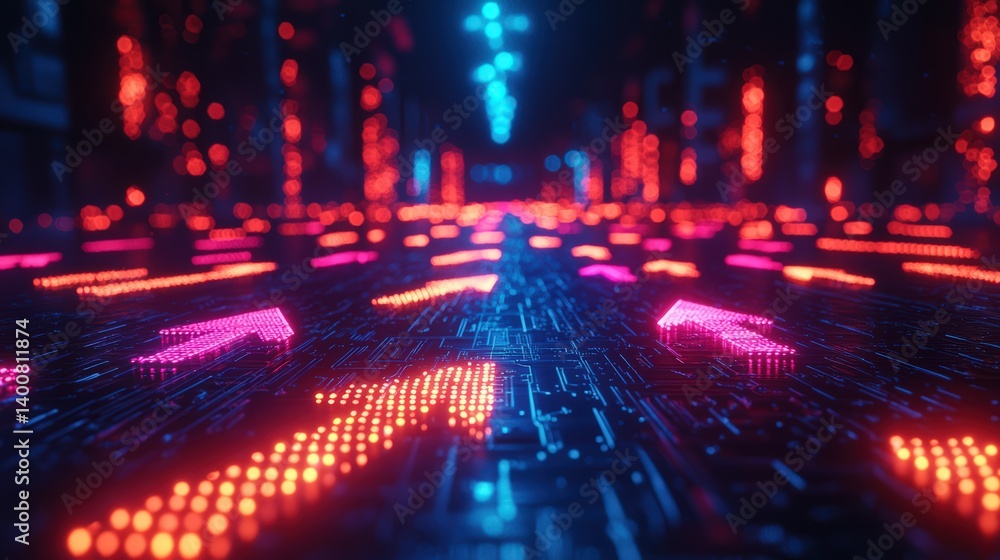 Fototapeta premium Bright arrows illuminate a futuristic digital pathway in a high-tech environment at night