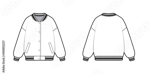 Varsity Jacket - Activewear Jacket Design with Pocket - Jackets Fashion Technical Illustration - Front and Back Views Winter Coat, Men Women Unisex Sweatshirt Jersey CAD Mockups