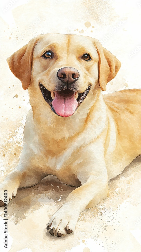 Happy Yellow Labrador Retriever Smiling with a Soft Watercolor Background Happy Yellow Labrador Retriever Smiling with a Soft Watercolor Background