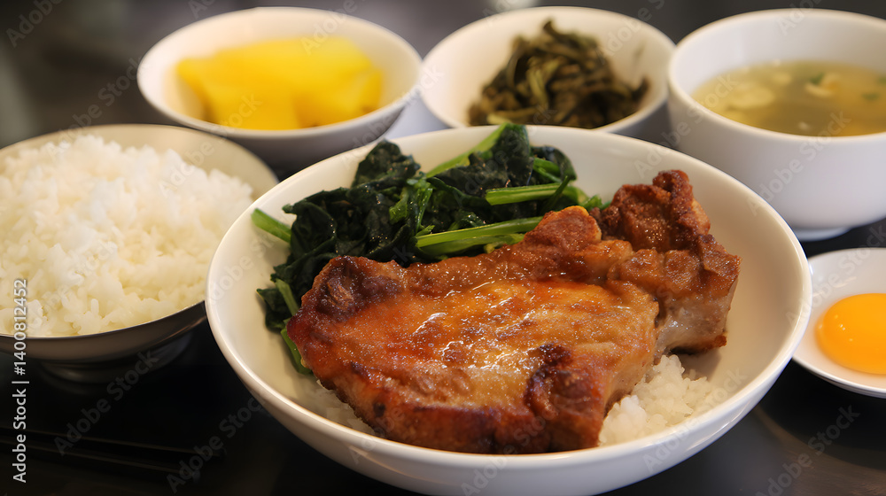 Savory Taiwanese Fried Pork Chop Served with Rice, Vegetables, Soup, and Pickled Fruits for a Complete Meal Savory Taiwanese Fried Pork Chop Served with Rice, Vegetables, Soup, and Pickled Fruits for a Complete Meal