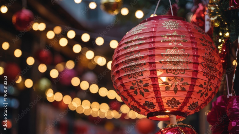 Obraz premium Glowing red lantern with gold patterns, warm candlelight, festive lights in background; celebrating tradition and vibrant joy. 