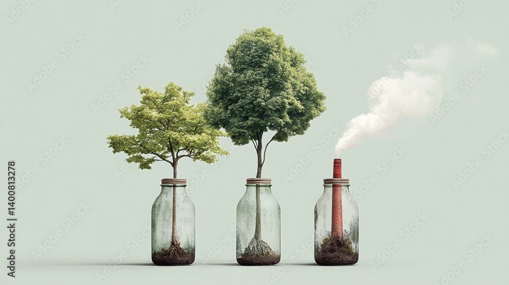 Conceptual progression from green trees to industrial smokestack illustrating CO₂ emission and environmental degradation