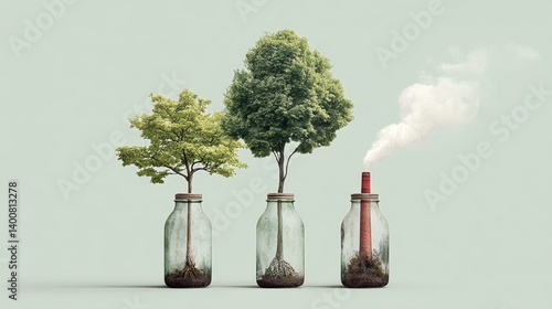 Obraz na płótnie Conceptual progression from green trees to industrial smokestack illustrating CO₂ emission and environmental degradation w salonie