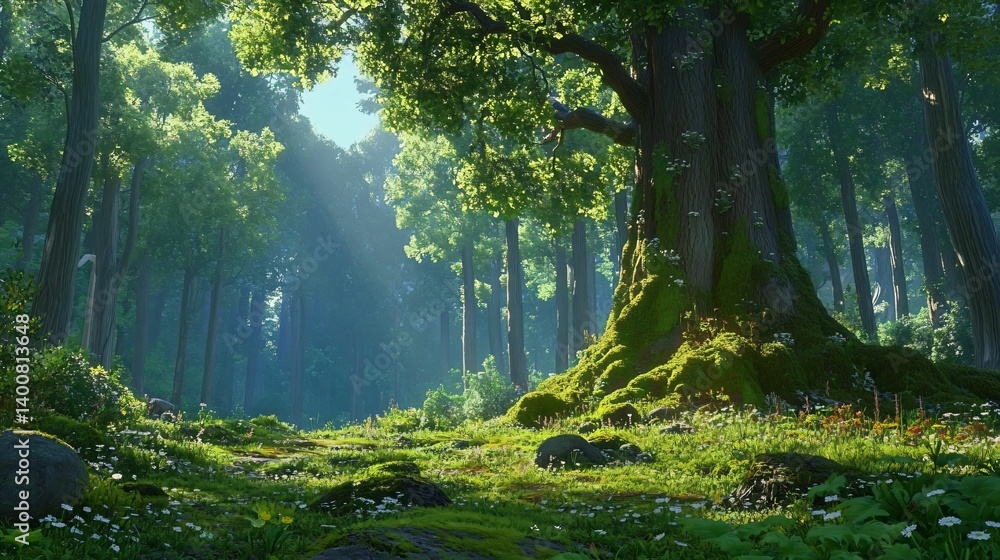 Obraz premium Lush Green Forest with Sunlight and Vibrant Flora