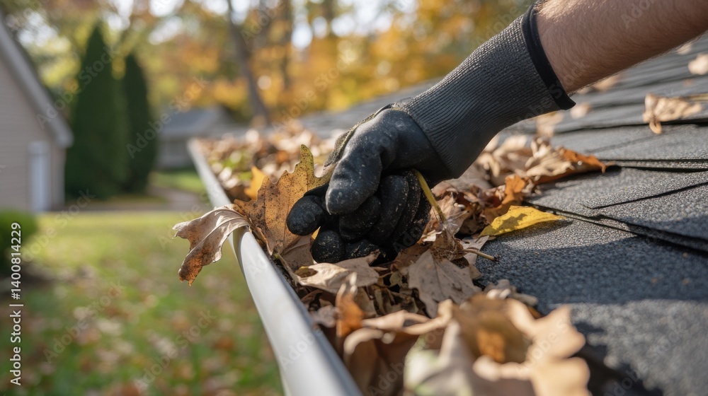 Naklejka premium Roofing contractor cleaning the gutters on a home. Featuring maintenance and safety