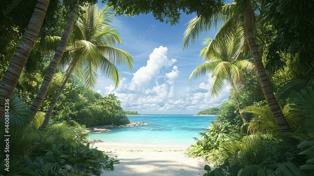 Serene Tropical Paradise with Lush Greenery and Crystal Blue Water Serene Tropical Paradise with Lush Greenery and Crystal Blue Water