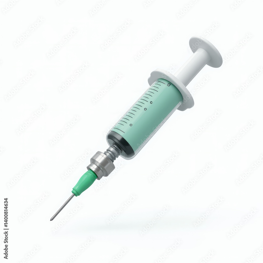 Syringe with Transparent Barrel, Green Plunger, and Metallic Needle Floating in Mid-Air 3D Syringe with Transparent Barrel, Green Plunger, and Metallic Needle Floating in Mid-Air 3D