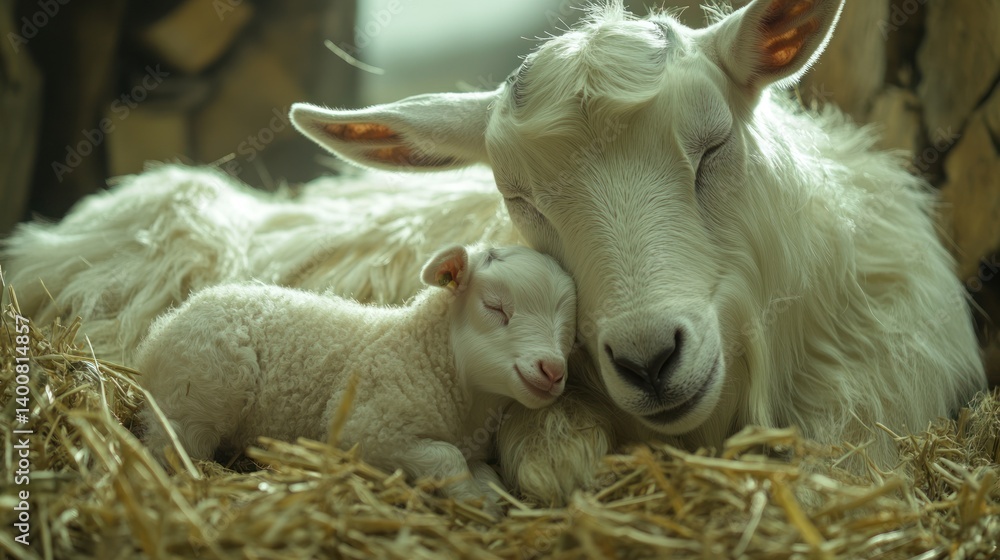 a gentle bond captured between a mother goat and her kid nestled in hay portraying tenderness and a tranquil moment of animal affection a gentle bond captured between a mother goat and her kid nestled in hay portraying tenderness and a tranquil moment of animal affection
