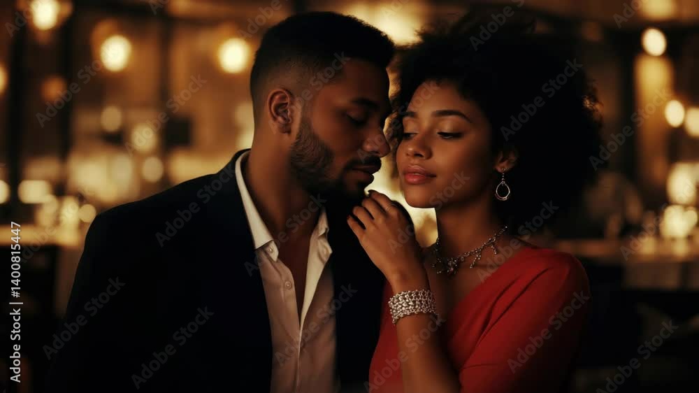 Romantic Couple Enjoys an Elegant Evening Together in a Moody Restaurant Setting Romantic Couple Enjoys an Elegant Evening Together in a Moody Restaurant Setting