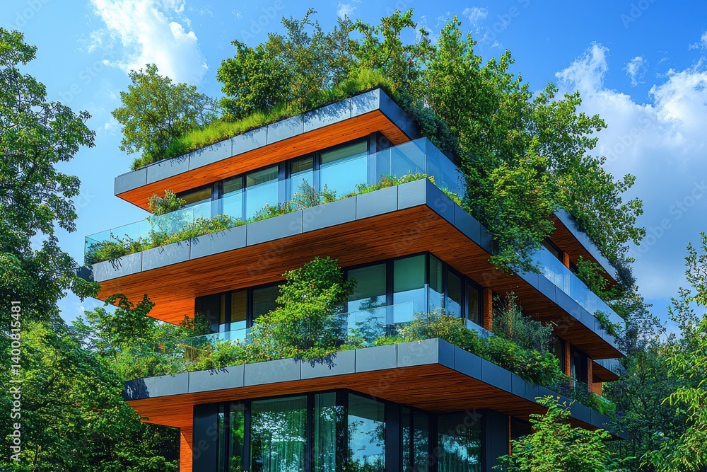 Modern eco-friendly building with lush green plants and rooftop trees Modern eco-friendly building with lush green plants and rooftop trees