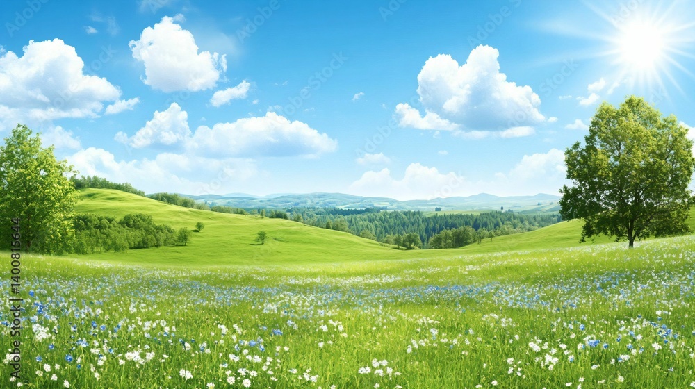 Fototapeta premium Tranquil Landscape with Green Hills and Bright Blue Sky