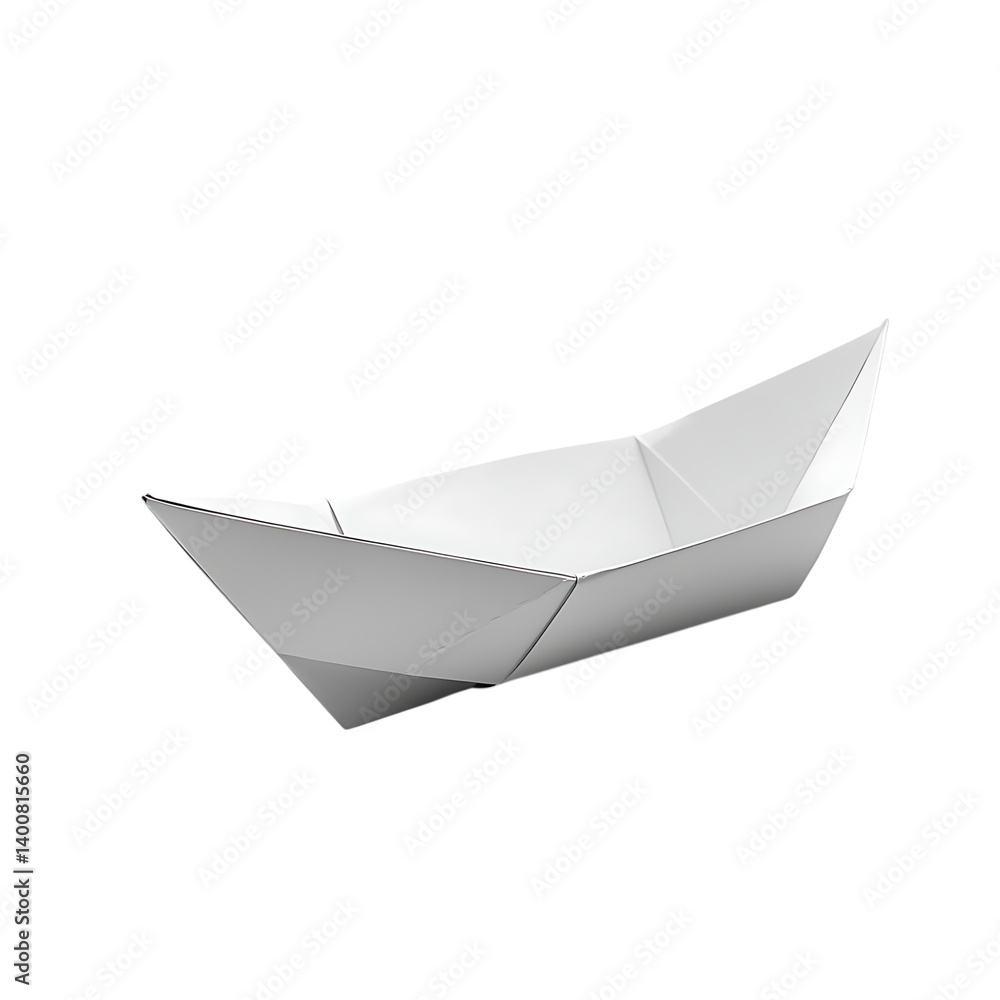 A white origami boat constructed from folded paper with pointed corners and a central sail shown on a transparent background as a clean mockup