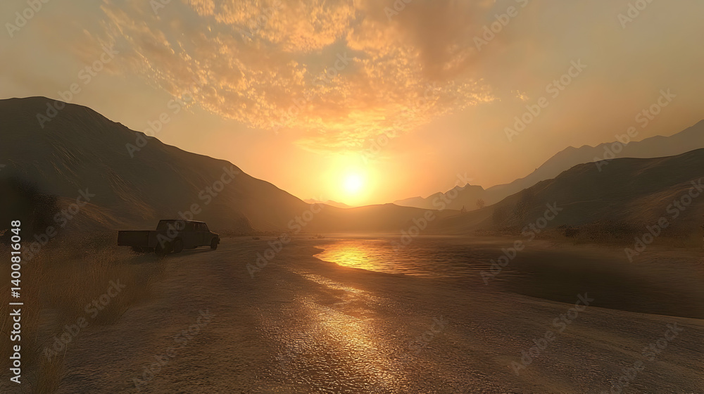 Scenic Golden Sunset Over Tranquil Lake Surrounded By Mountains Reflecting Warm Colors of The Sky in an Idyllic Landscape