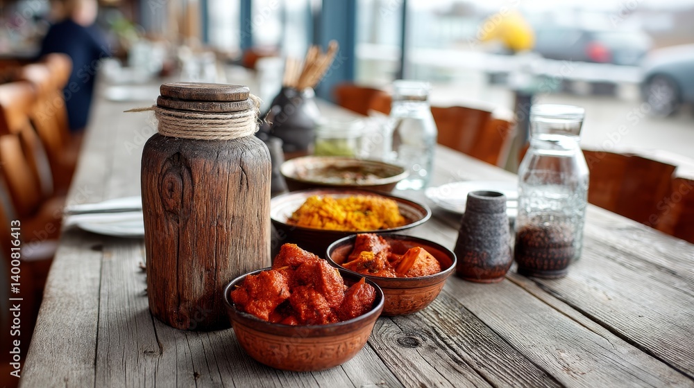 Spicy Indian lunch in rustic restaurant interior with traditional clay bowls and aromatic side dishes