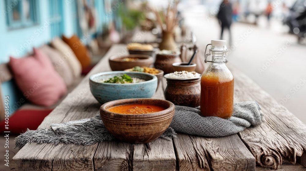 Indian thali with curry, rice and chutney on vintage wooden table near colorful cushions in open-air eatery