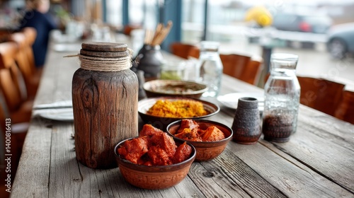 Obraz na płótnie Spicy Indian lunch in rustic restaurant interior with traditional clay bowls and aromatic side dishes w salonie
