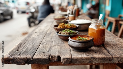 Obraz na płótnie Authentic street food experience with hot vegetarian curries and tangy sauces in handcrafted serving bowls w salonie