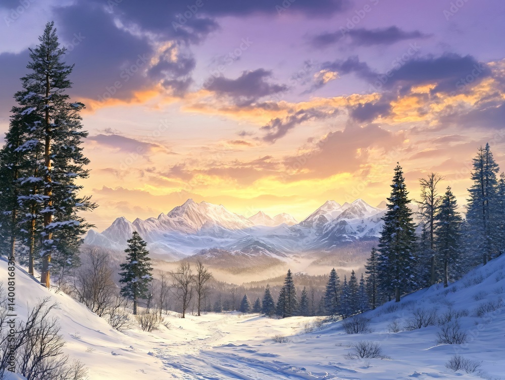 Naklejka premium Enchanted Winter Landscape with Snow-Covered Mountains at Sunset