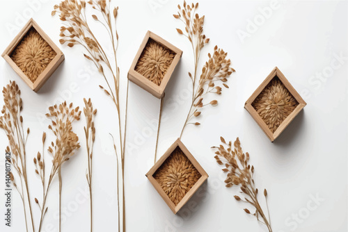 Dried flax flowers, linseed boxes isolated on white, background and texture, in scance