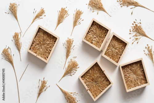 Dried flax flowers, linseed boxes isolated on white, background and texture, in scance