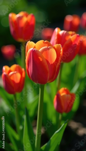Freshly opened tulip blooms in a lush green garden bed, garden bed, fresh tulip, flowers