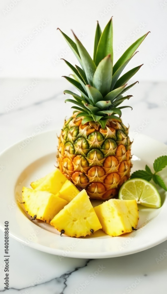 Fresh pineapple chunk isolated on white plate with garnishes, elegant, chunk Fresh pineapple chunk isolated on white plate with garnishes, elegant, chunk