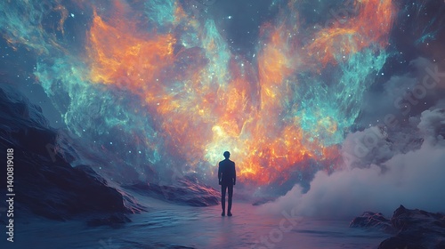 A solitary figure gazes at a vibrant celestial spectacle.