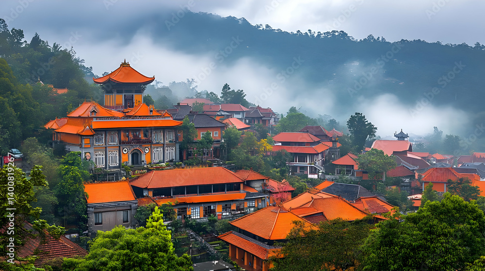Scenic Hillside Village with Orange Roofs and Mountain Backdrop under Overcast Sky in Asia