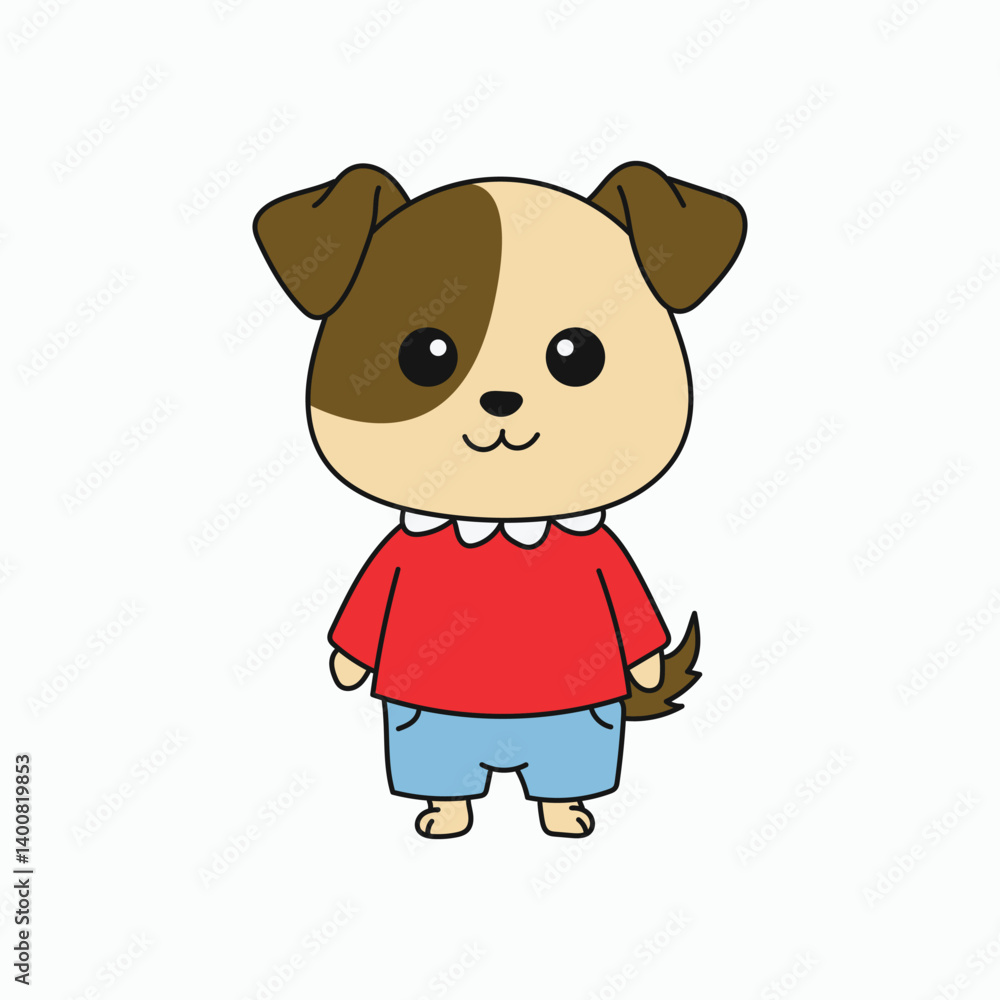Adorable cartoon puppy wearing a red shirt and blue shorts, standing and smiling sweetly. Adorable cartoon puppy wearing a red shirt and blue shorts, standing and smiling sweetly.