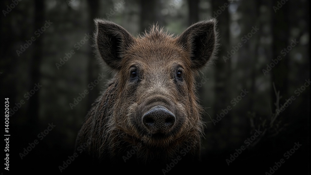 Powerful wild boar portrait with intense eyes set in a mysterious forest showcasing resilience and vigor Powerful wild boar portrait with intense eyes set in a mysterious forest showcasing resilience and vigor