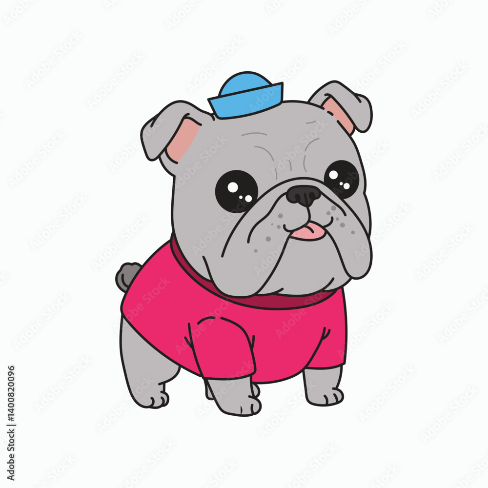 Obraz premium Charming cartoon bulldog in a pink shirt and blue hat, standing with a cute expression.