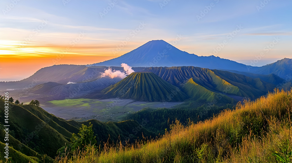 Scenic Java Volcano Sunrise Mountain Range Landscape with Soft Hues and Expansive Sky