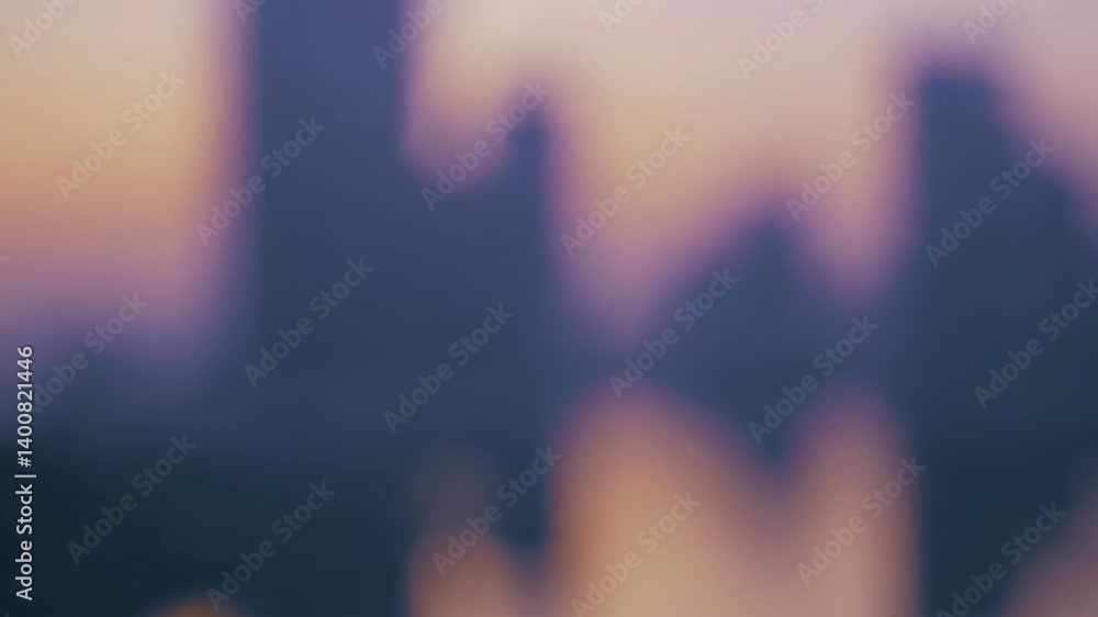 Blurred cityscape with silhouette skyscrapers at twilight, abstract urban skyline reflecting in water, calm tranquil evening atmosphere in soft purple and orange colors Blurred cityscape with silhouette skyscrapers at twilight, abstract urban skyline reflecting in water, calm tranquil evening atmosphere in soft purple and orange colors