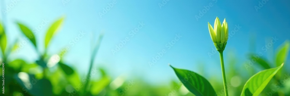 Obraz premium Green stem of Polygonatum hirtum against a blue sky background, swamp vegetation, foliage