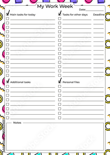 A colorful vertical weekly task planner with sections for main tasks, additional tasks, personal files, and deadline on an abstract geometric background in retro Memphis style.