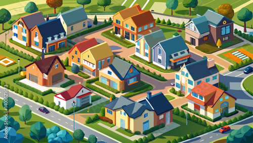 Aerial view of a new build housing estate with characterless houses in a row