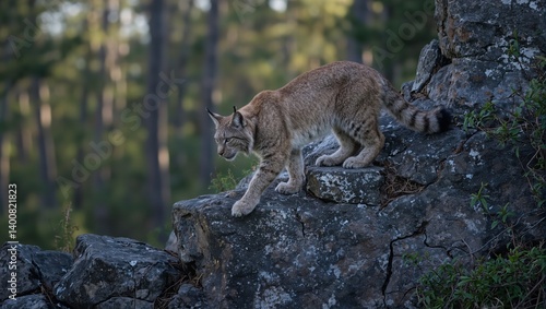 Majestic lynx prowling rocky forest terrain exuding wild grace and keen awareness in gentle light