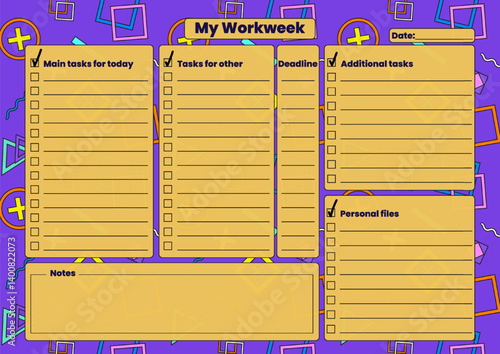 Vibrant horizontal weekly task planner with sections for main tasks, additional tasks, personal files, and deadline on a bright purple abstract geometric background in retro Memphis style.