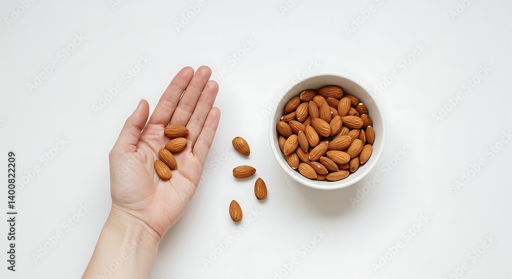 Holding Almonds in Hand Near Bowl on White Background Holding Almonds in Hand Near Bowl on White Background