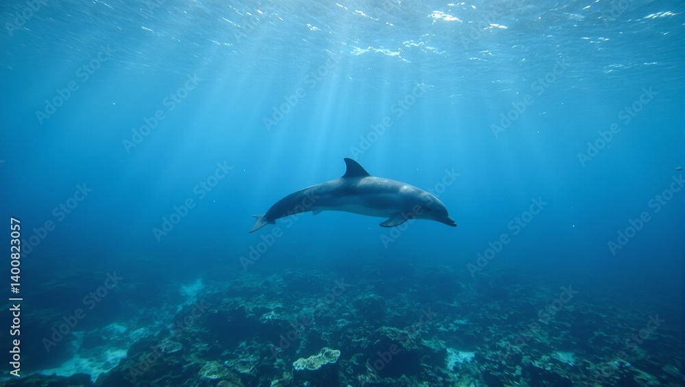 Dolphin swimming in clear ocean water under sunlight with colorful marine life Tranquil underwater beauty captured Dolphin swimming in clear ocean water under sunlight with colorful marine life Tranquil underwater beauty captured