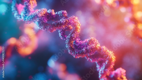 Close Up Dna Helix Strand with Colorful Glow and Blurred Background
