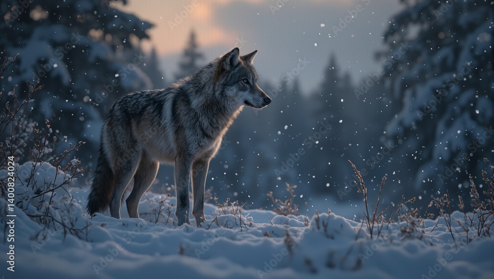 Obraz premium Majestic gray wolf in snowy twilight forest a scene of mystical beauty with softly falling snowflakes