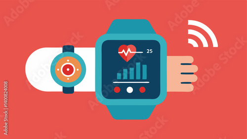 Smart Health Device A wearable device on a wrist showing a glowing display of health indicators while an AI interface scans and interprets the data.