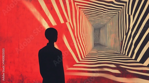 Obraz na płótnie A silhouette figure stands before a distorted tunnel of striped patterns. w salonie